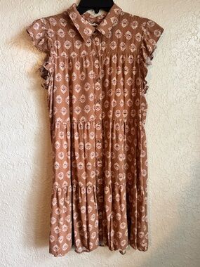 Lucky Brand Tiered Button Down Brown Flutter Sleeve Dress - Size Medium